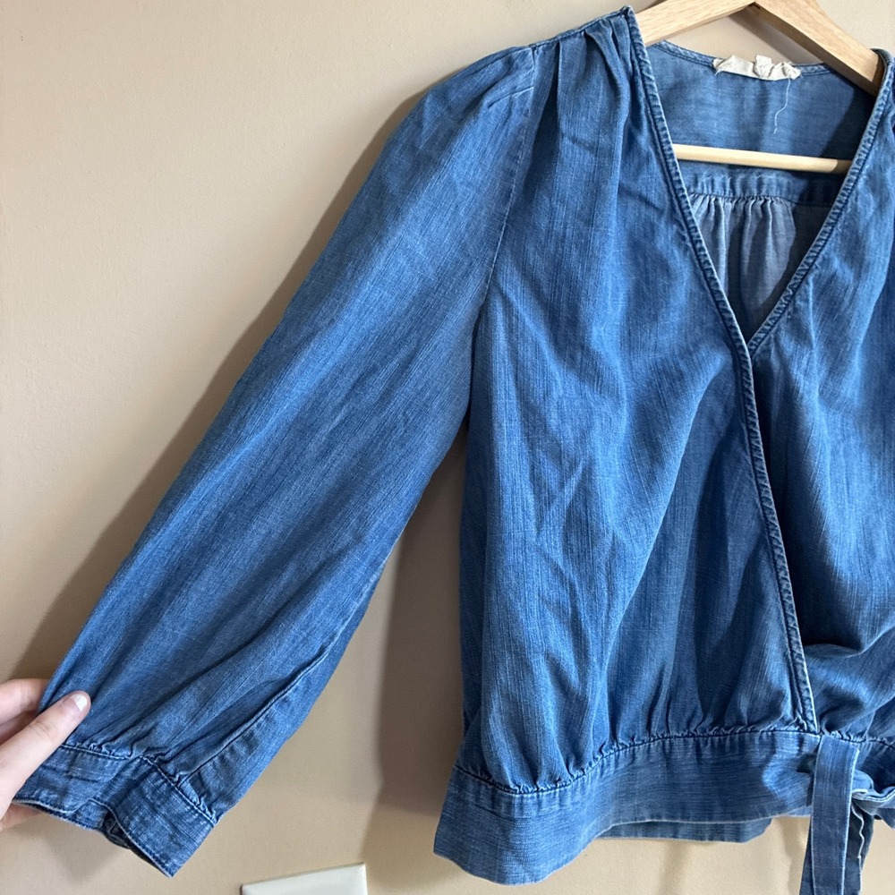 Madewell Chambray Wrap Top Small Blue Womens Cotton Lyocell Tie Waist Blouse - Picture 2 of 8
